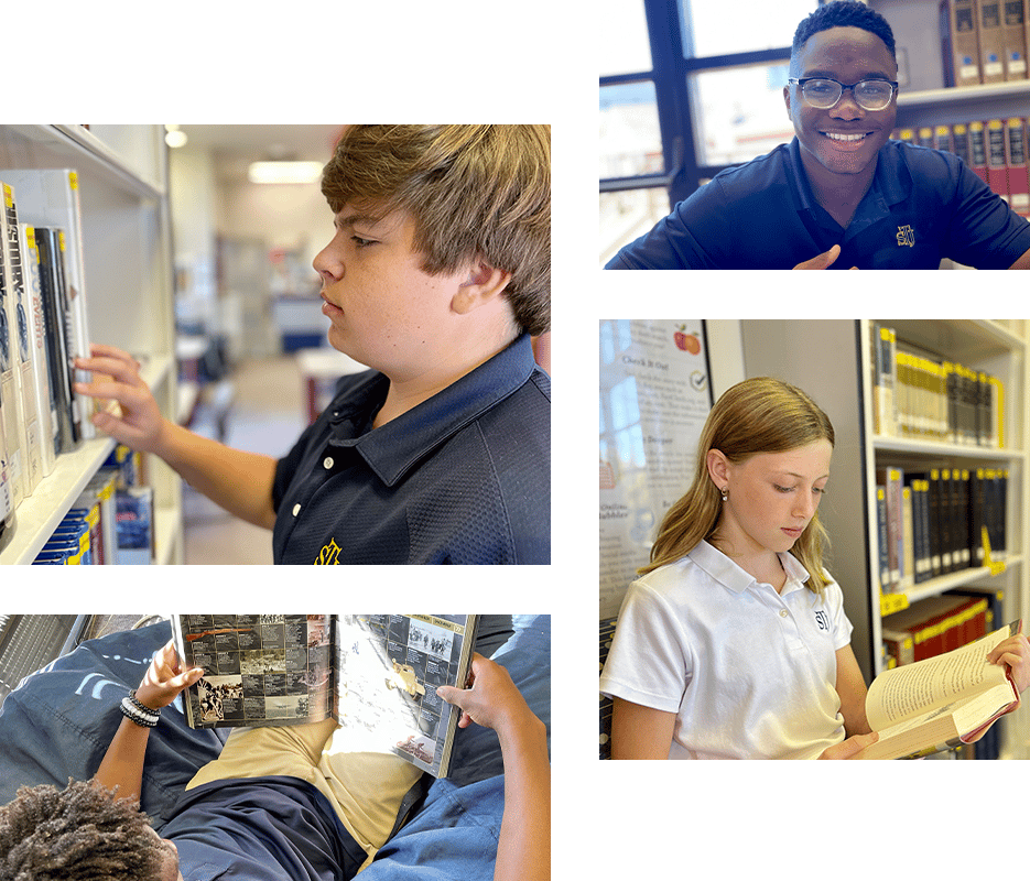 Photos of students reading in the library